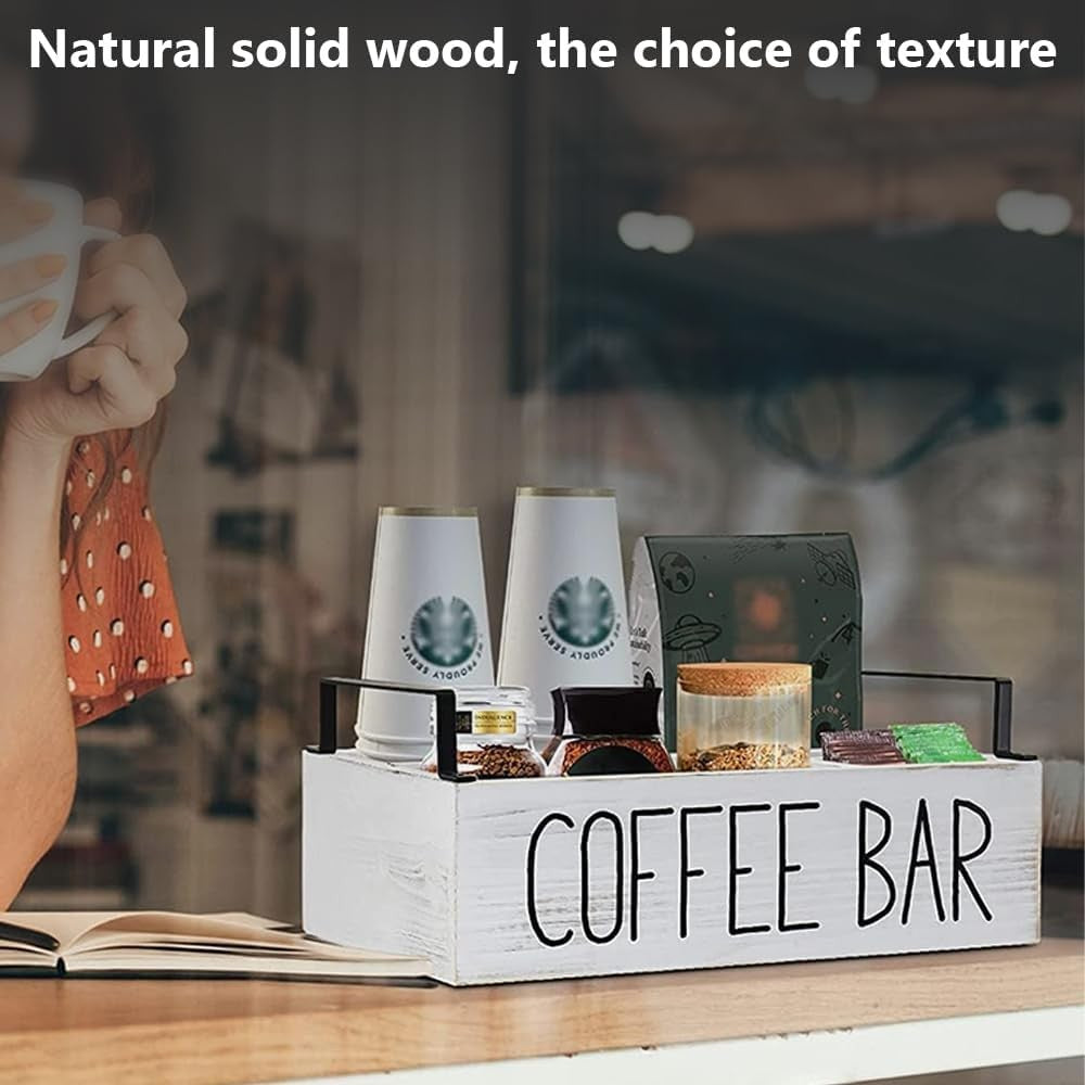 Coffee Station Organizer Box Rustic White Handle Storage for Espresso Pods NEW