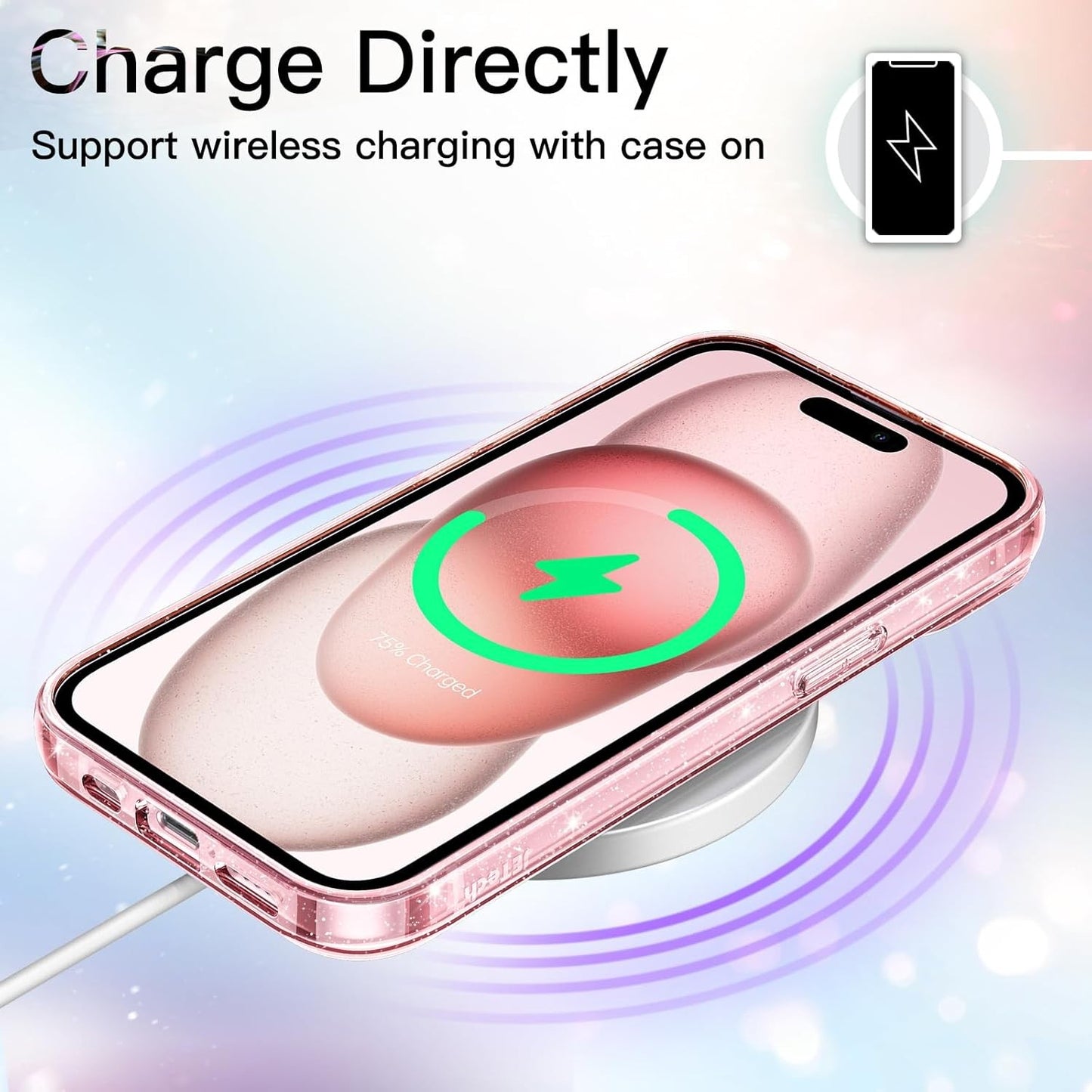 JETech Clear Pink Glitter Case for iPhone 15 6.1-Inch Shockproof Bling Cover NEW