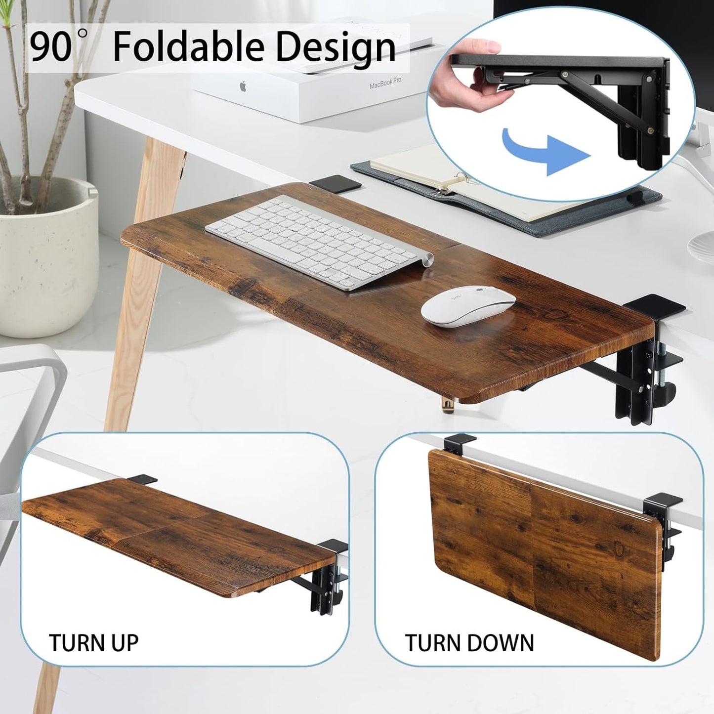 ETHU Large Foldable Keyboard Tray Clamp On for Desk Walnut Wood