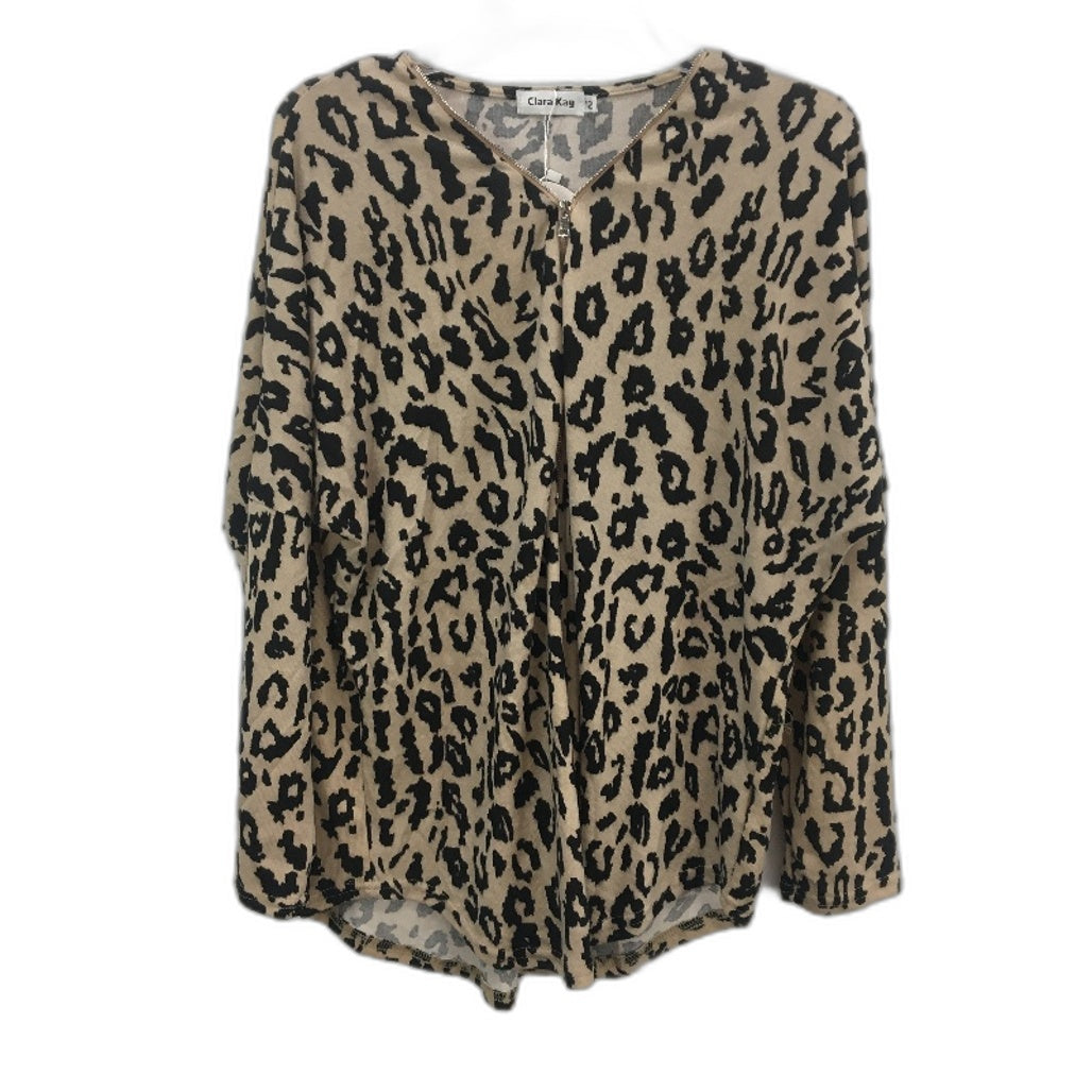 Clara Kay Leopard Print Knit Soft Stretch Zip Neck Long Sleeve Top Size 12 NEW
