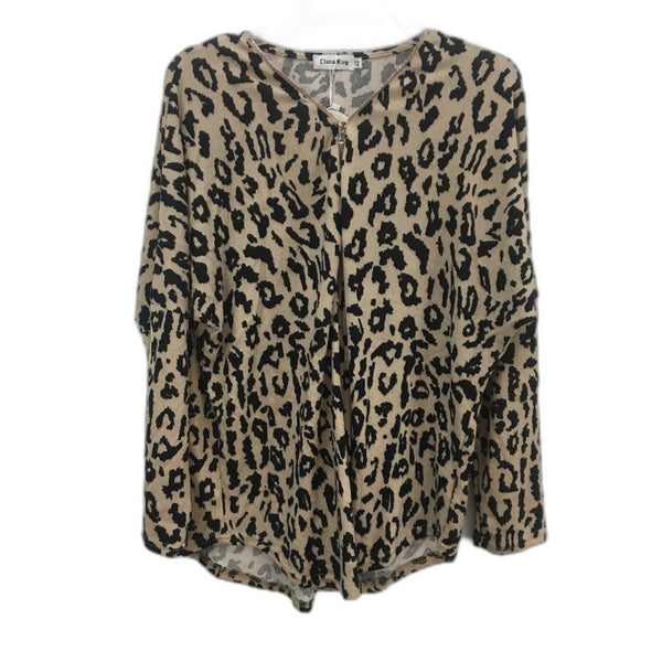 Clara Kay Leopard Print Knit Soft Stretch Zip Neck Long Sleeve Top Size 12 NEW
