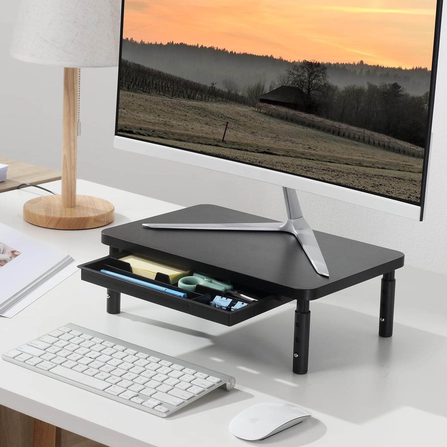 ETHU Adjustable Desk Riser Black Wood Monitor Stand with Storage Drawer DEMO