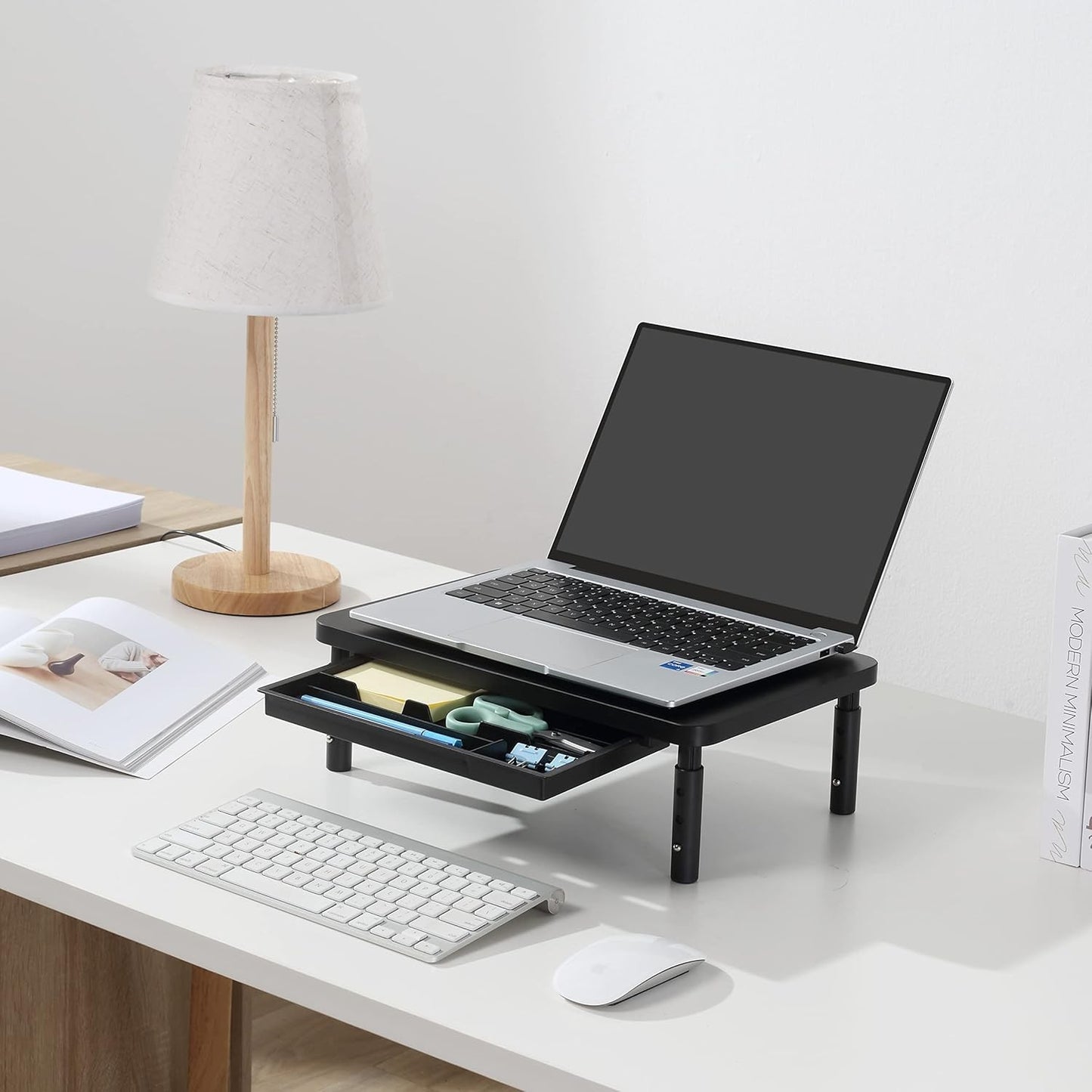 ETHU Adjustable Desk Riser Black Wood Monitor Stand with Storage Drawer DEMO