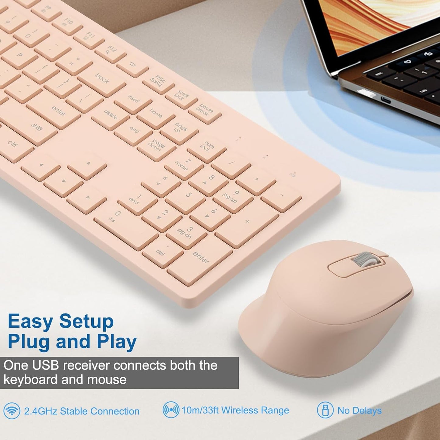 HUO JI CQ068 Wireless Full-Size Keyboard Mouse Combo Ergonomic Peach Pink NEW