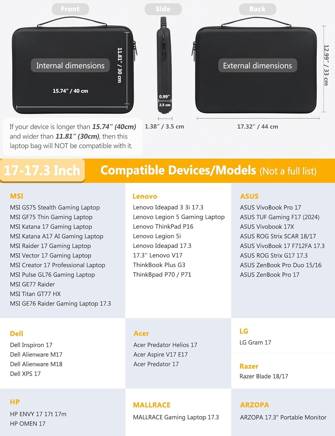 HYZUO 17-17.3 Inch Black Hard Shell Laptop Sleeve Case for Gaming Laptops NEW