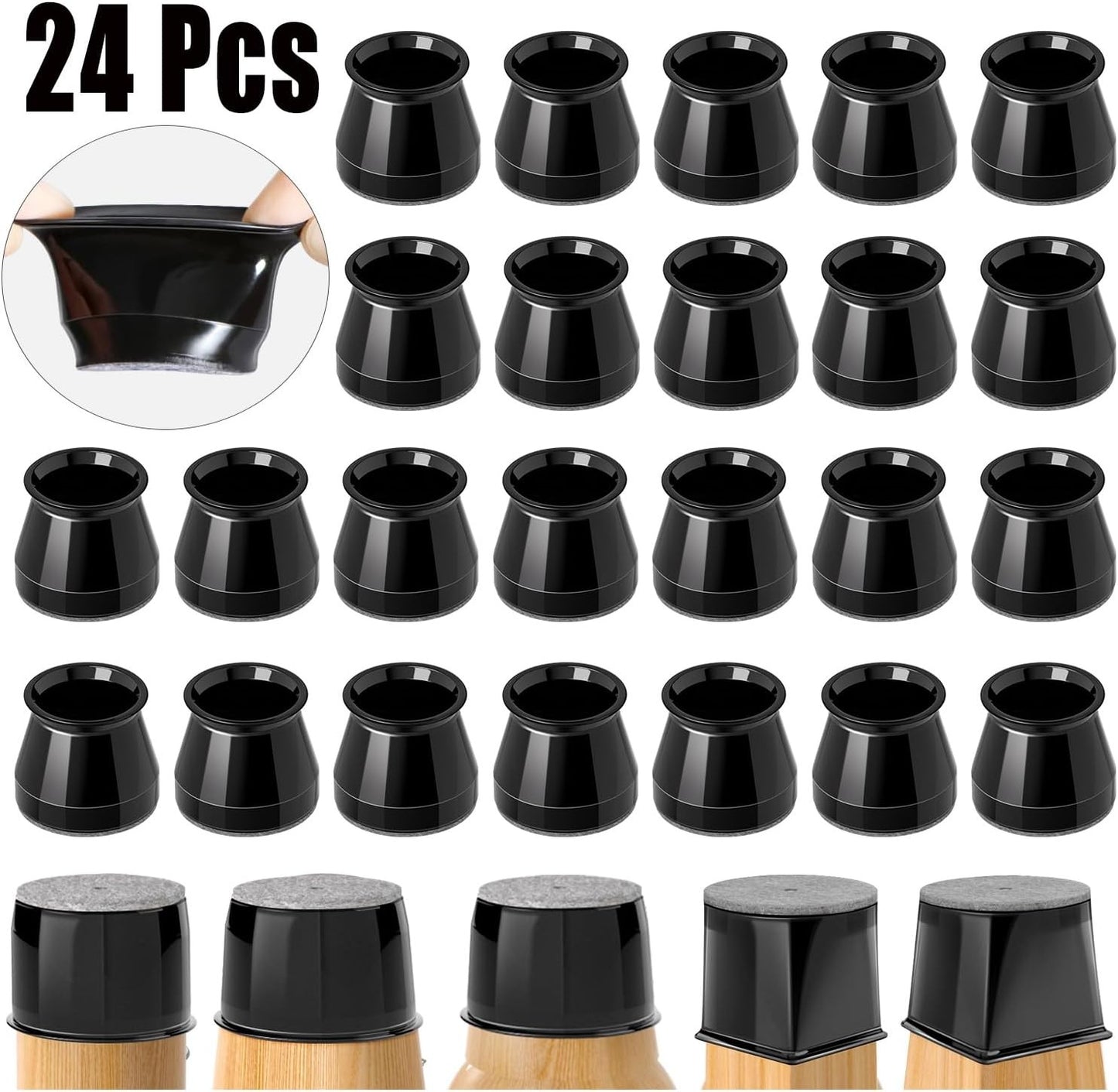 24 Piece Chair Leg Floor Protectors Black Silicone Sliders Universal Small NEW