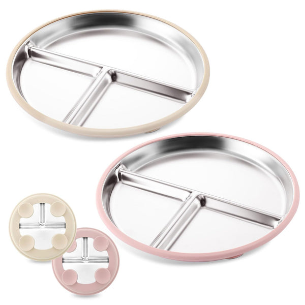 2 Pack 9 Inch Stainless Steel Plates with Pink Beige Suction Silicone Covers NEW