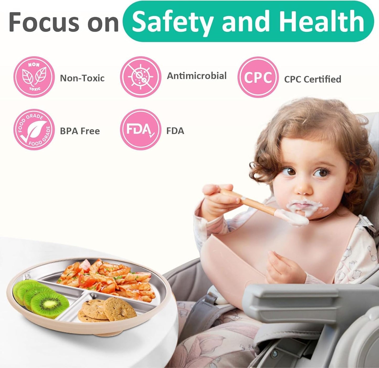 2 Pack 9 Inch Stainless Steel Plates with Pink Beige Suction Silicone Covers NEW