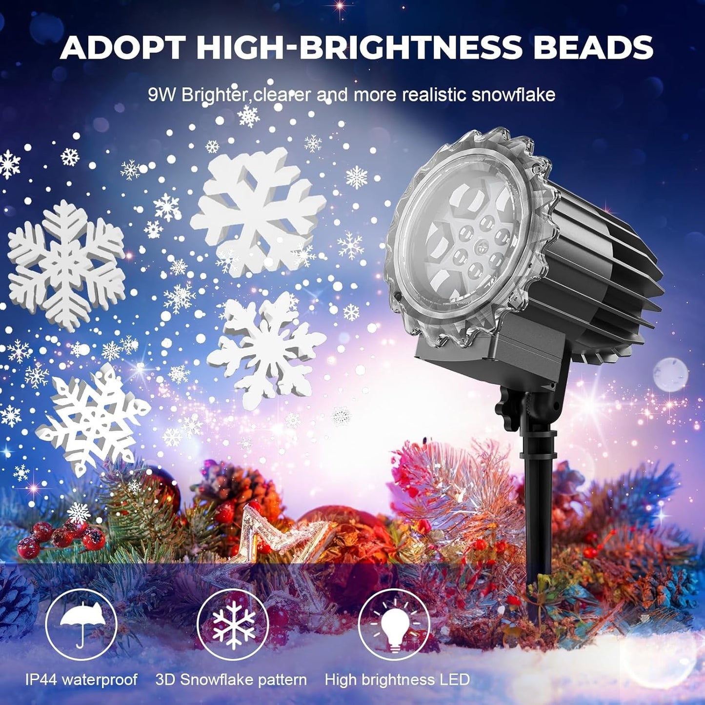 3D Snowflake White Snowfall Indoor Outdoor Waterproof Projector Light NEW
