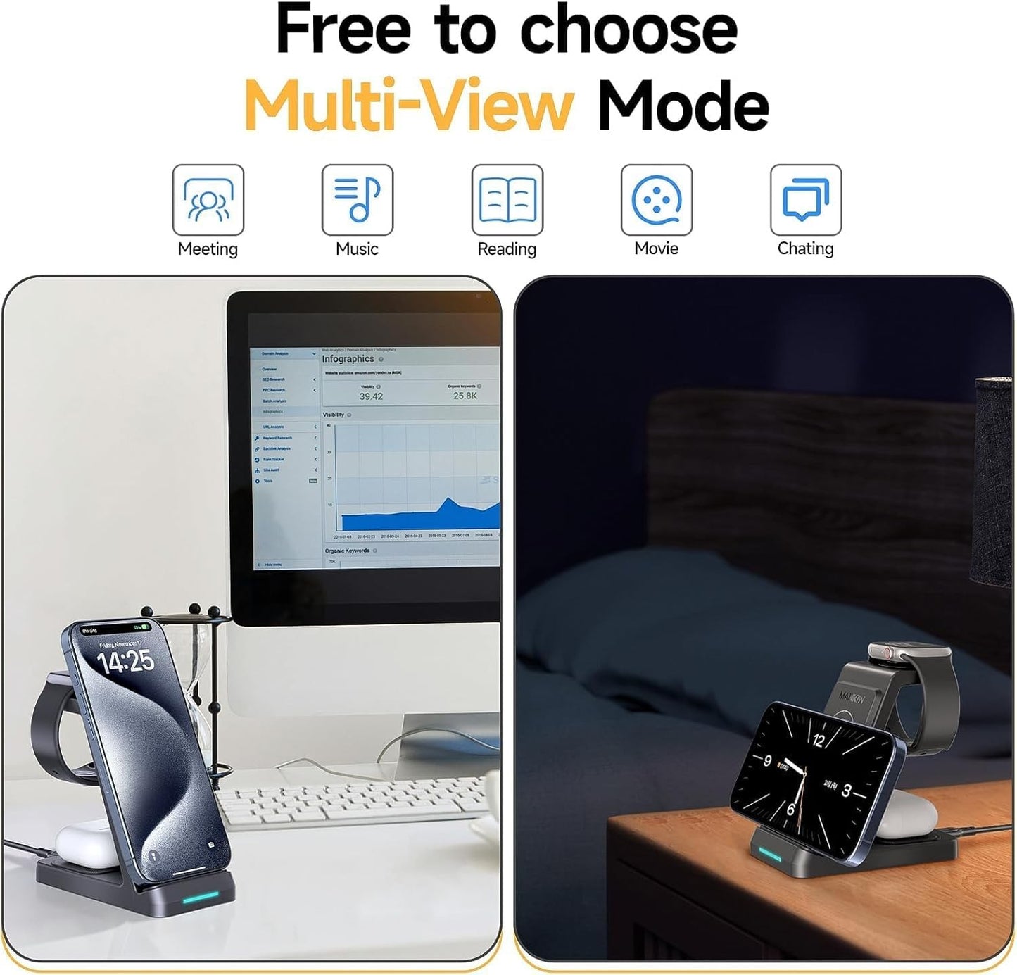 MANKIW A99 3-in-1 Charging Station for Apple Watch iPhone AirPods Black NEW