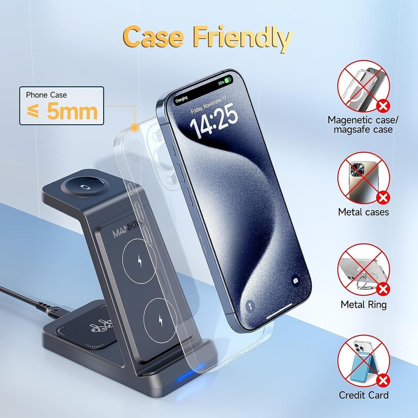 MANKIW A99 3-in-1 Charging Station for Apple Watch iPhone AirPods Black NEW