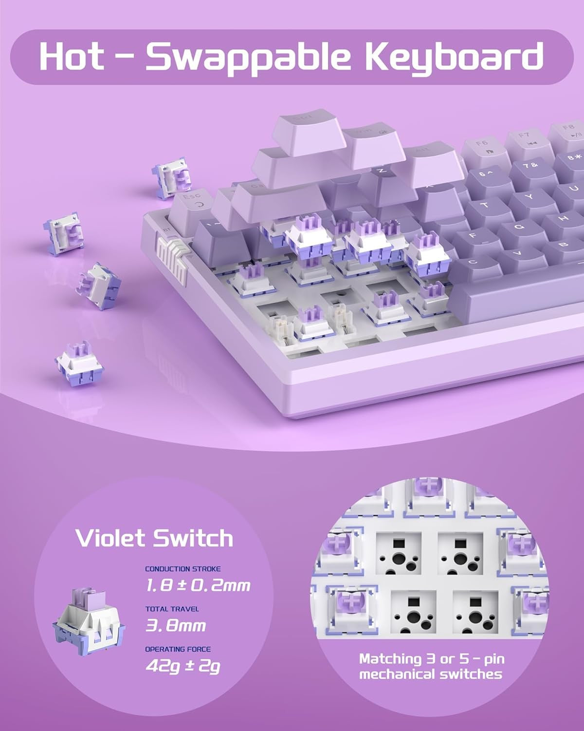 MageGee SKY98 Wireless Gasket Mechanical Keyboard Lavender Violet Switch NEW