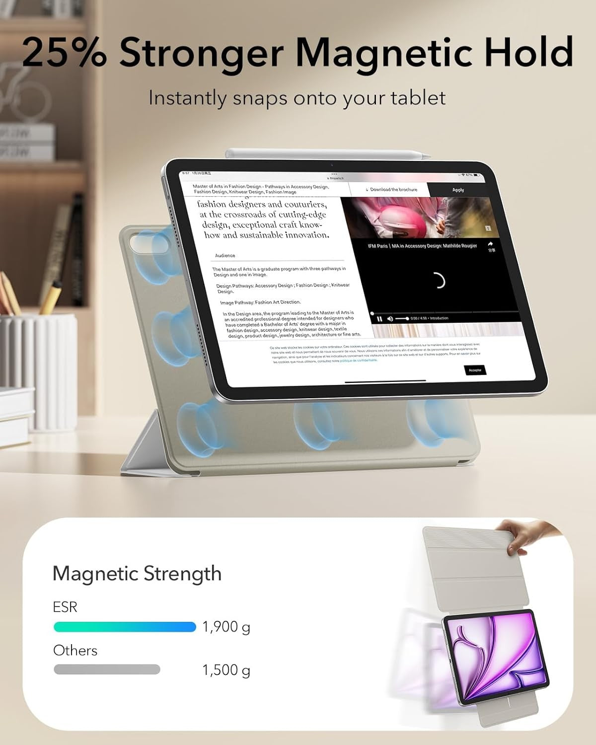 ESR iPad Air Pro Case 11" M4 2024 5th Gen White Slim Trifold Magnetic Case NEW