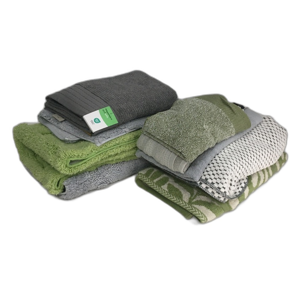BULK LOT Cotton Green & Grey Themed 9Pce Bathroom Mat Bath & Hand Towel Pack NEW