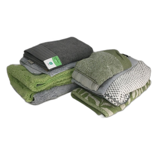 BULK LOT Cotton Green & Grey Themed 9Pce Bathroom Mat Bath & Hand Towel Pack NEW