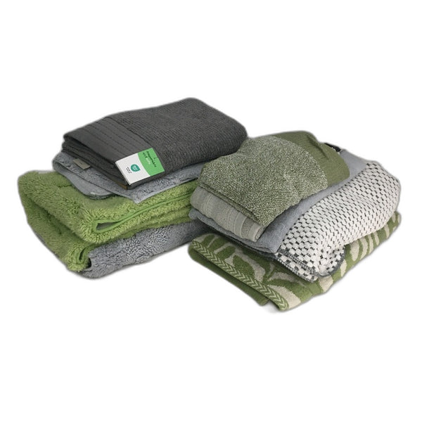 BULK LOT Cotton Green & Grey Themed 9Pce Bathroom Mat Bath & Hand Towel Pack NEW