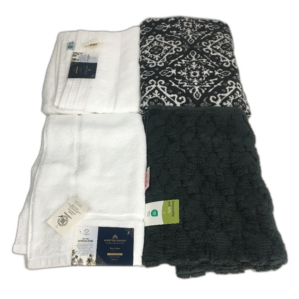 100% Cotton Charcoal & Bright White 4Pce Bath Mat & Bath Towel Pack NEW