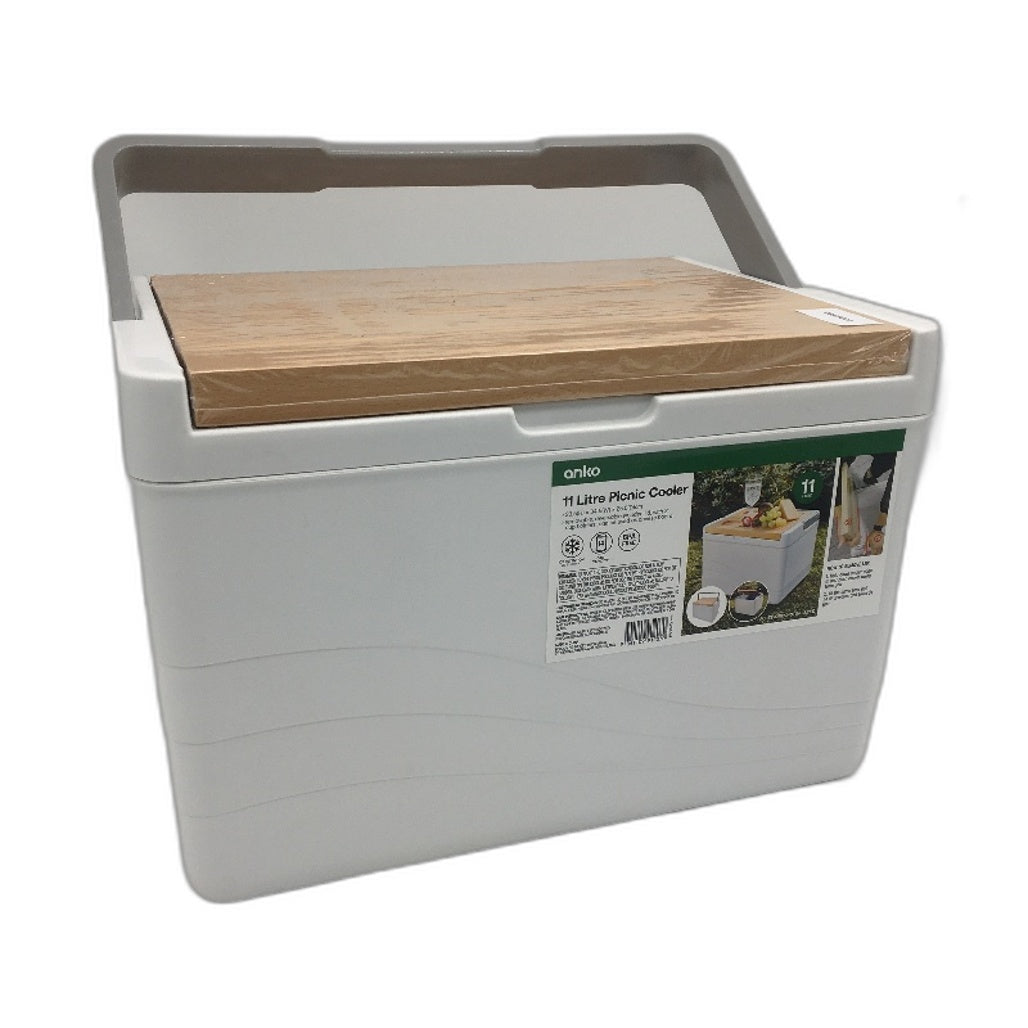 Ice Retention Bamboo Lidded White 11 Litre Picnic Cooler Box With Handle NEW