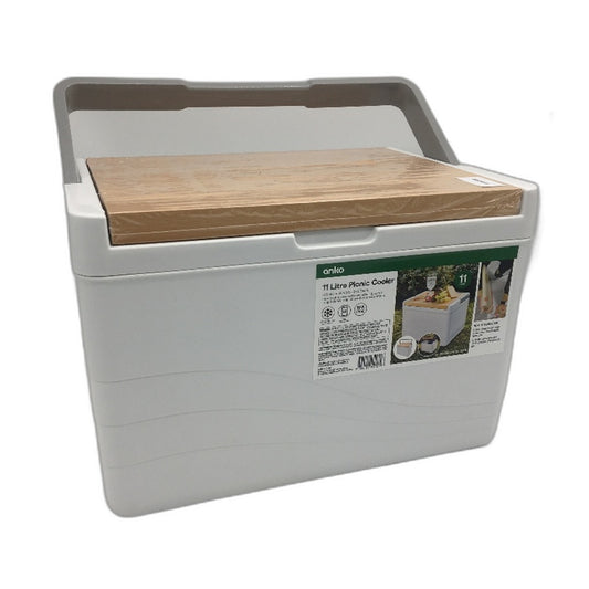 Ice Retention Bamboo Lidded White 11 Litre Picnic Cooler Box With Handle NEW