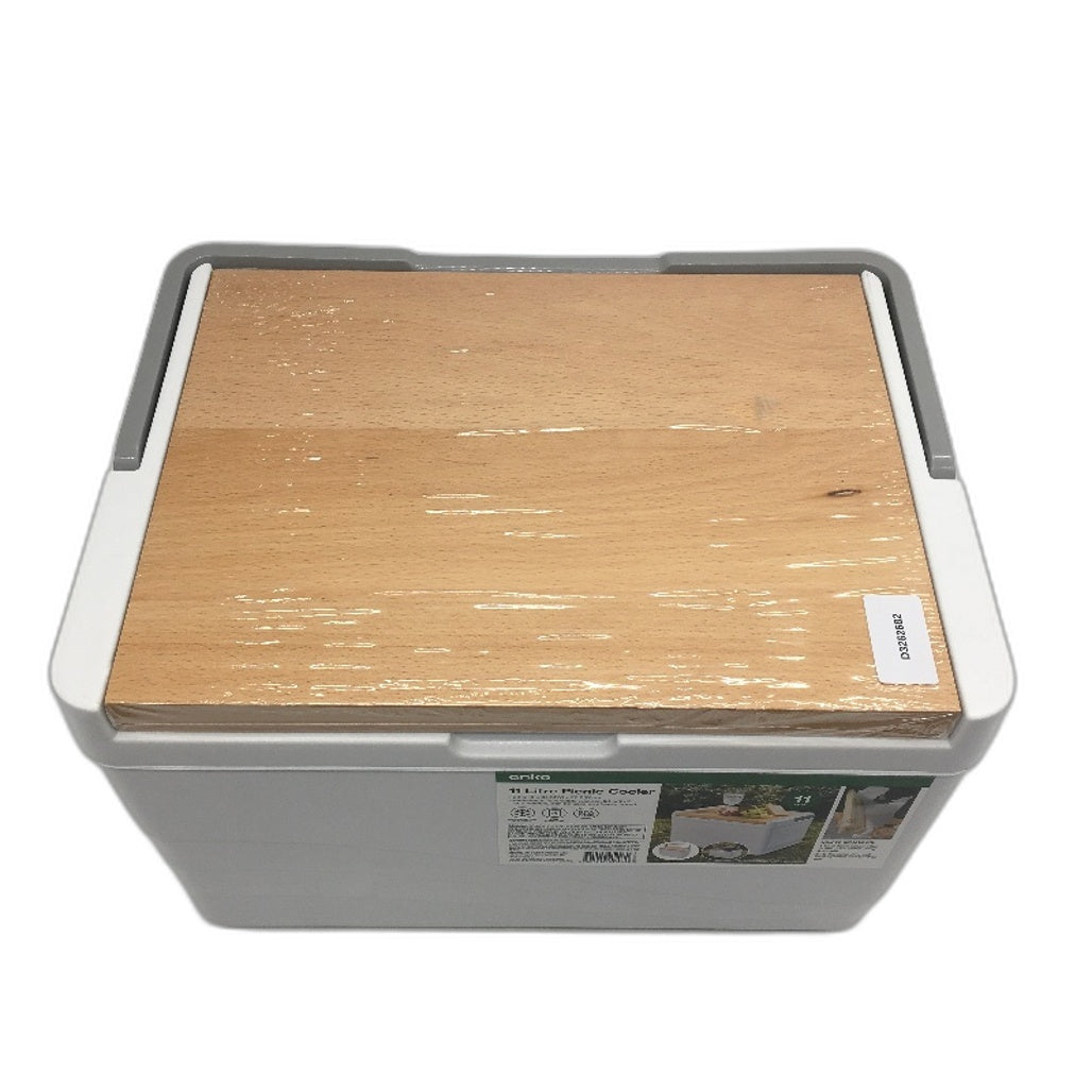 Ice Retention Bamboo Lidded White 11 Litre Picnic Cooler Box With Handle NEW