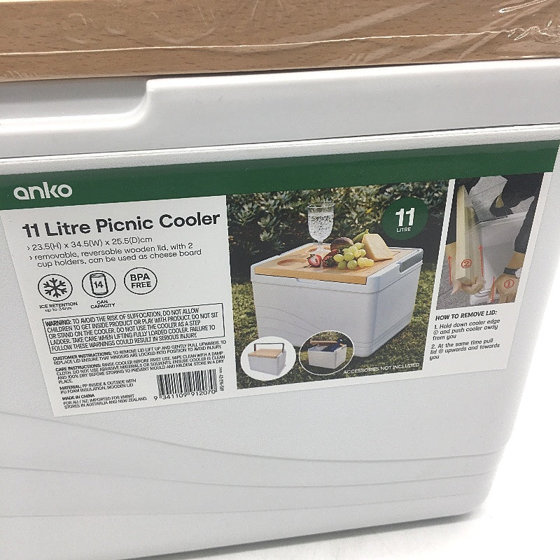 Ice Retention Bamboo Lidded White 11 Litre Picnic Cooler Box With Handle NEW