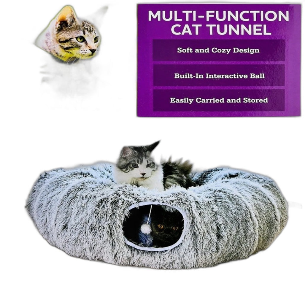 Vibrant Life Cat Donut Tunnel Bed Soft Plush Peekaboo Collapsible Grey NEW