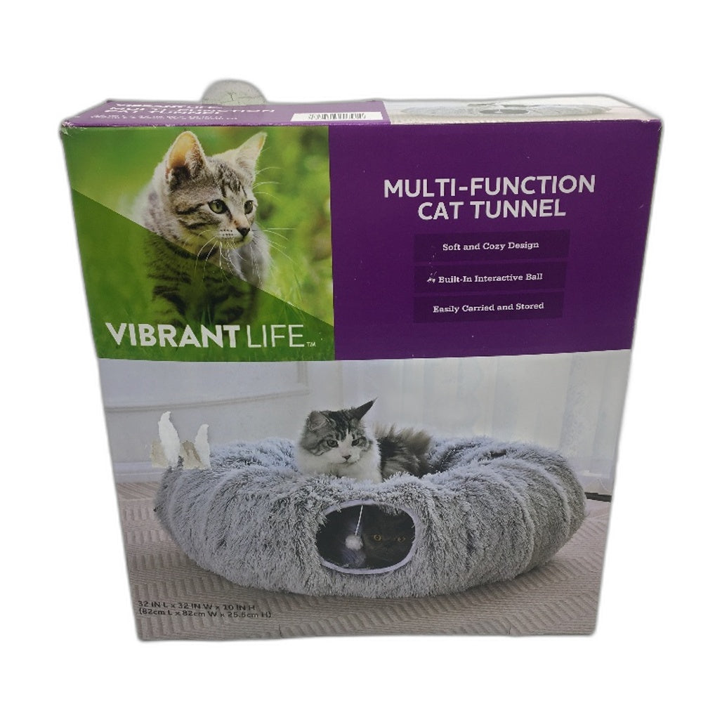 Vibrant Life Cat Donut Tunnel Bed Soft Plush Peekaboo Collapsible Grey NEW