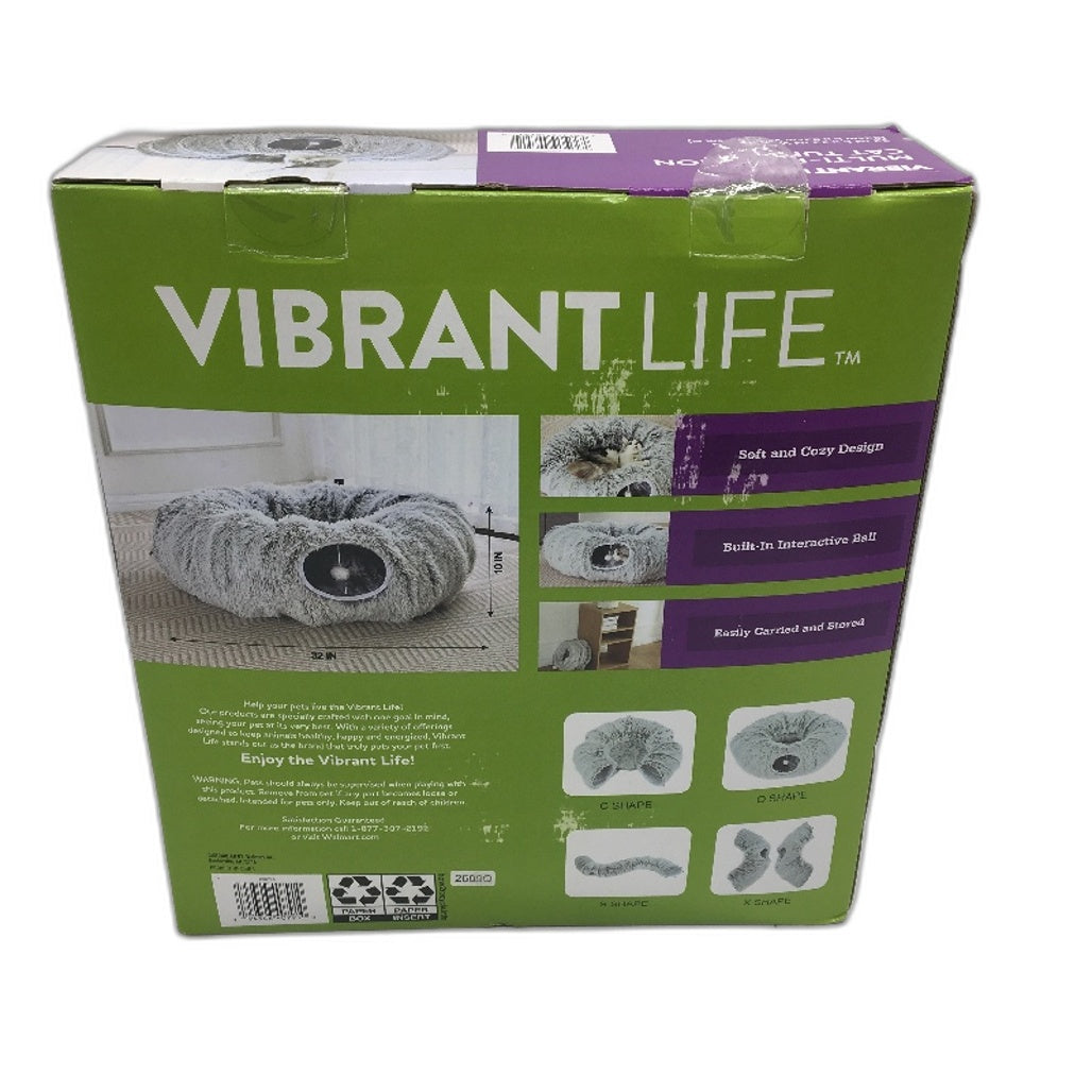 Vibrant Life Cat Donut Tunnel Bed Soft Plush Peekaboo Collapsible Grey NEW