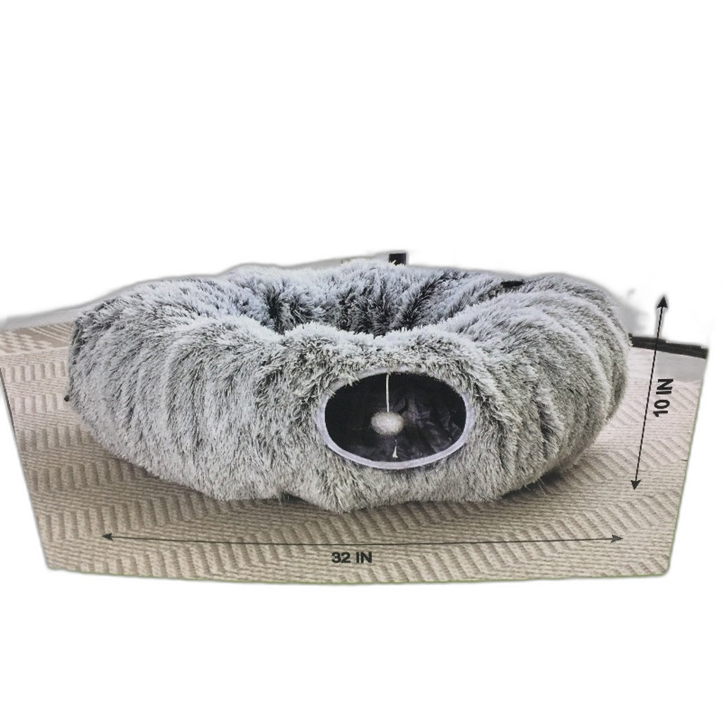 Vibrant Life Cat Donut Tunnel Bed Soft Plush Peekaboo Collapsible Grey NEW
