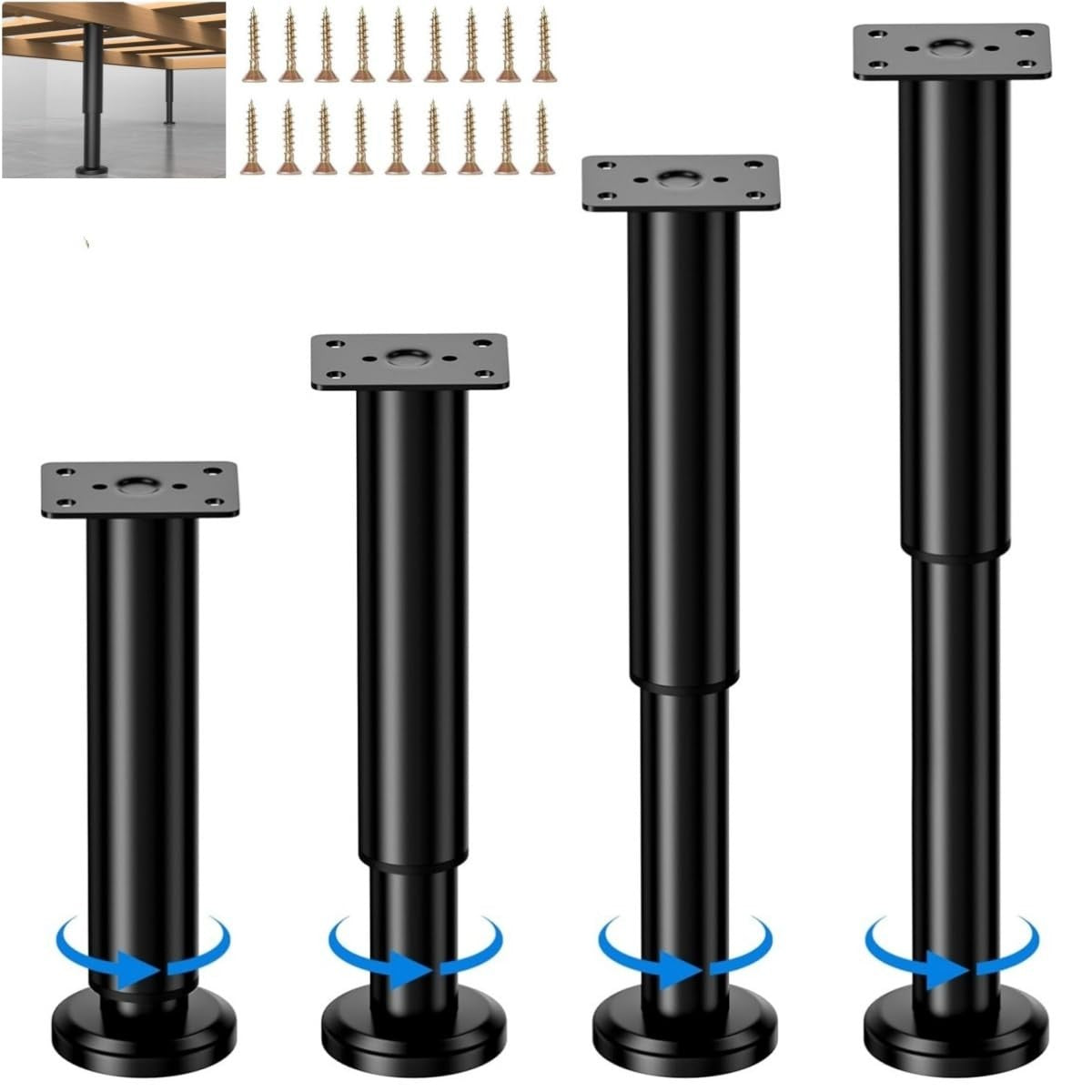 Adjustable Bed Support Legs 4 Pack 18-32cm Black Metal Non-Slip Feet NEW