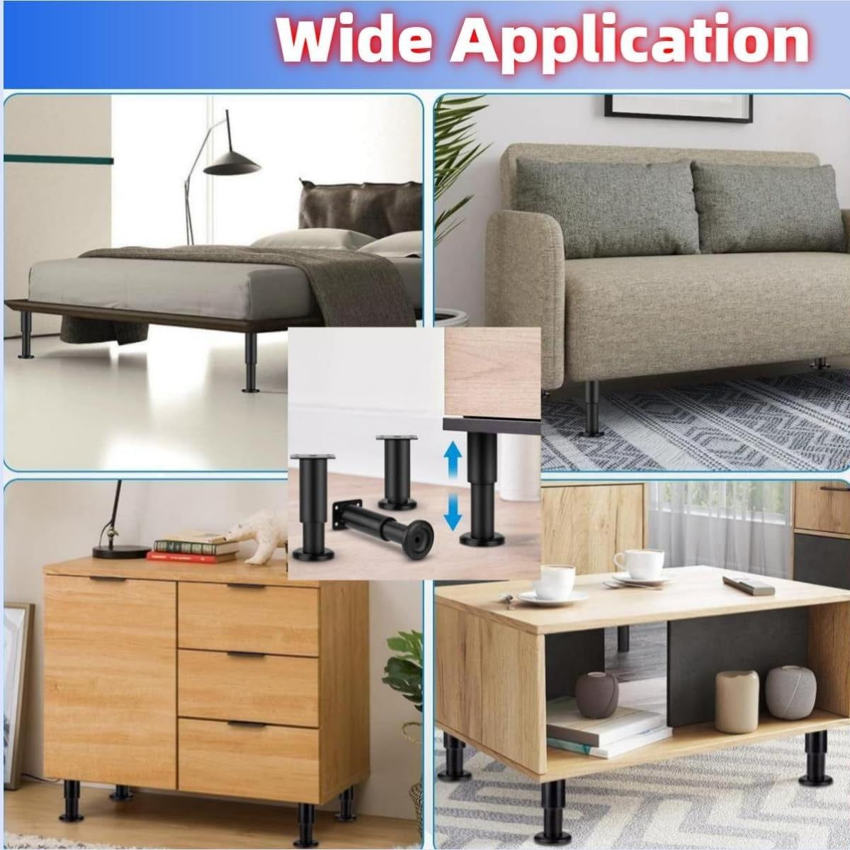 Adjustable Bed Support Legs 4 Pack 18-32cm Black Metal Non-Slip Feet NEW