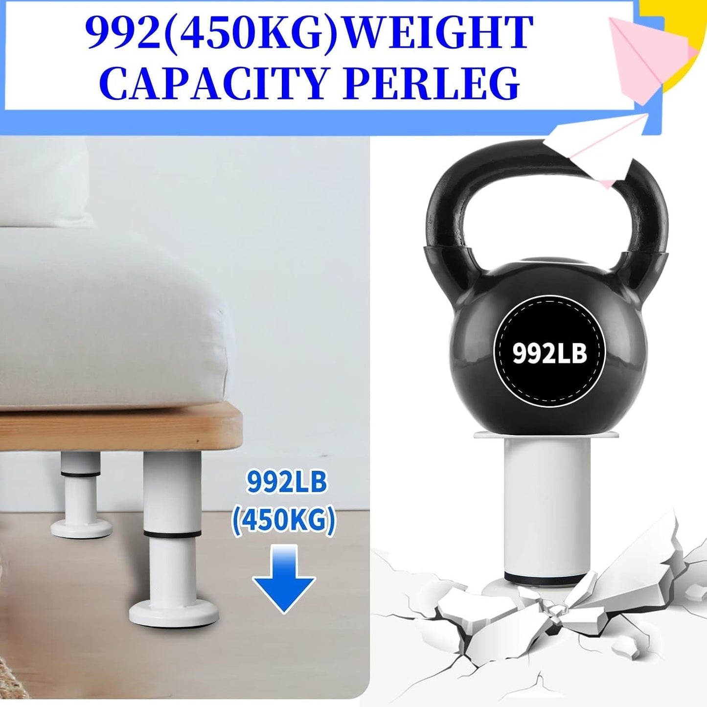 Adjustable Bed Support Legs 4 Pack 18-32cm Black Metal Non-Slip Feet NEW