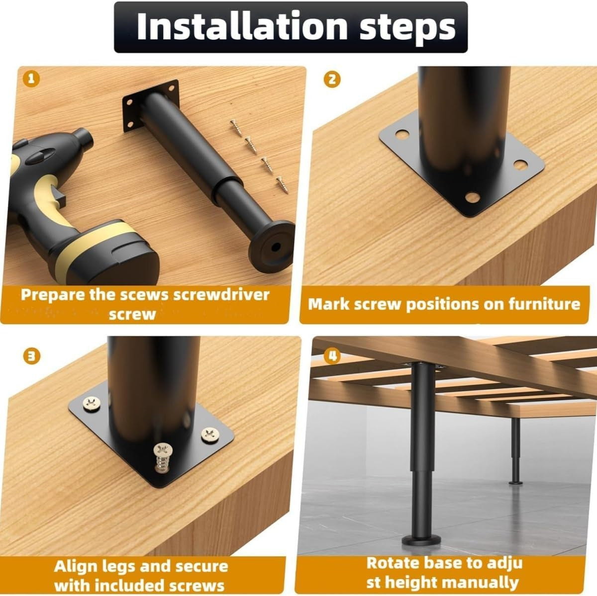 Adjustable Bed Support Legs 4 Pack 18-32cm Black Metal Non-Slip Feet NEW