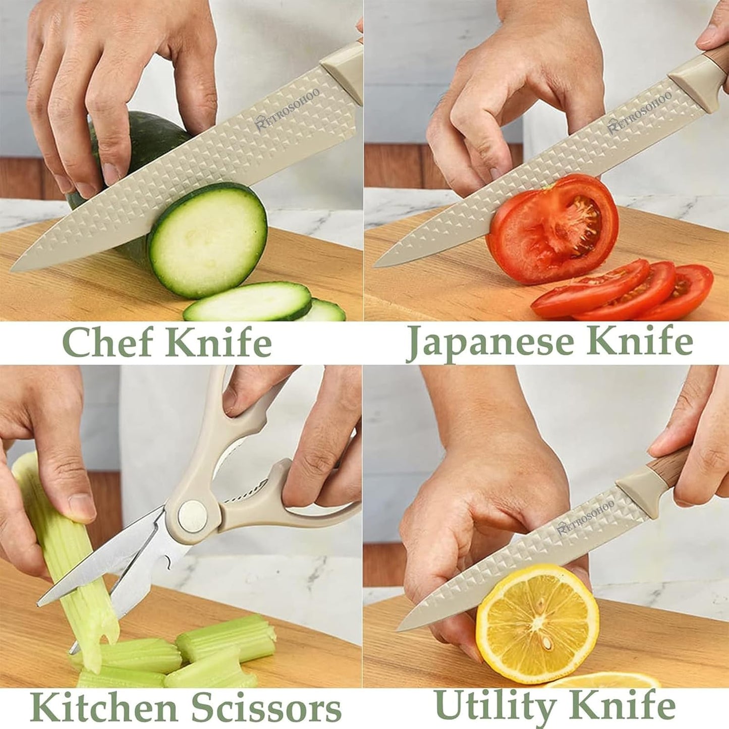 RETROSOHOO 6-Piece Khaki Sharp Knife Set for Kitchen Non-Stick Non-Slip NEW