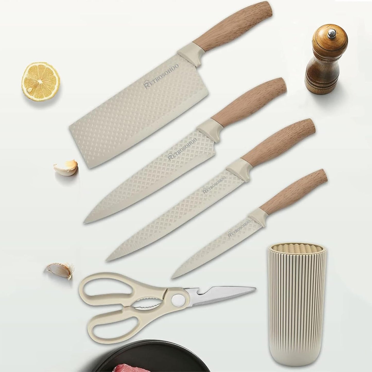 RETROSOHOO 6-Piece Khaki Sharp Knife Set for Kitchen Non-Stick Non-Slip NEW