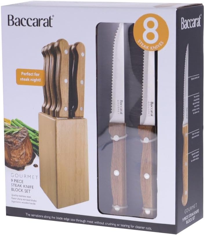 Baccarat Gourmet Steak Knife Set 9 Piece with Block Brown NEW
