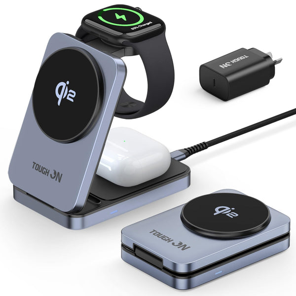 TOUGH ON 3-in-1 Wireless Qi2 Fast Charger for Apple Devices Induction Grey NEW