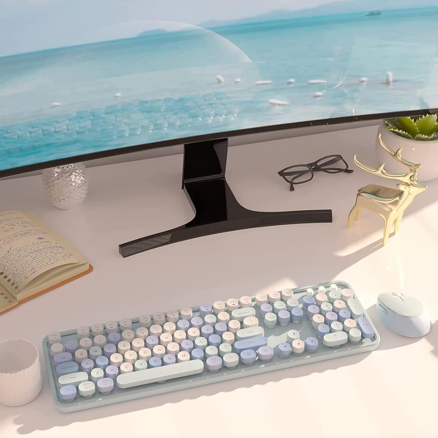 Mofii Wireless Keyboard and Mouse Combo Retro Typewriter Sky Blue Full Sized NEW