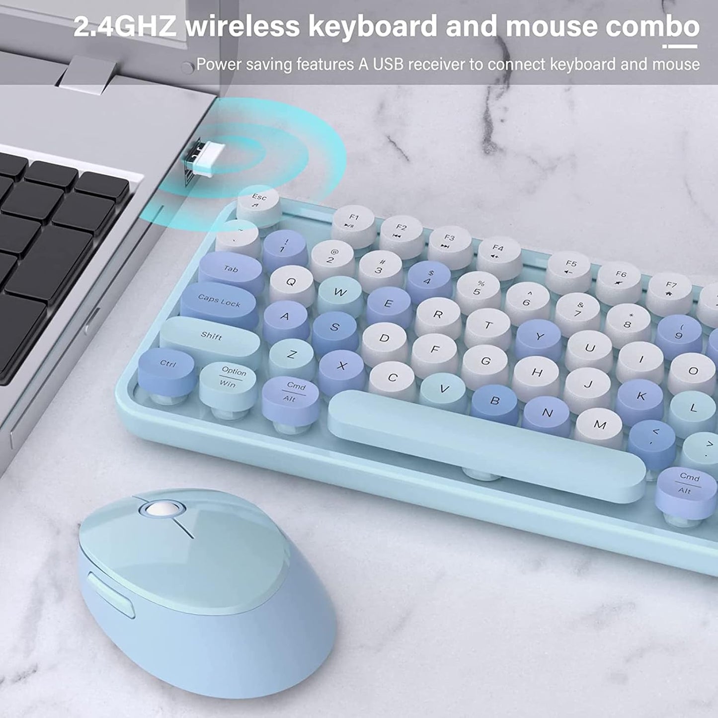 Mofii Wireless Keyboard and Mouse Combo Retro Typewriter Sky Blue Full Sized NEW
