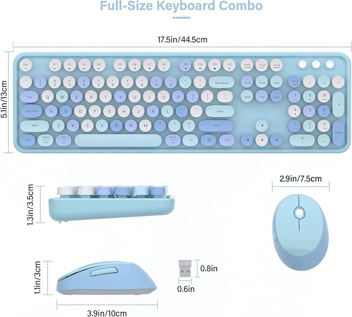 Mofii Wireless Keyboard and Mouse Combo Retro Typewriter Sky Blue Full Sized NEW