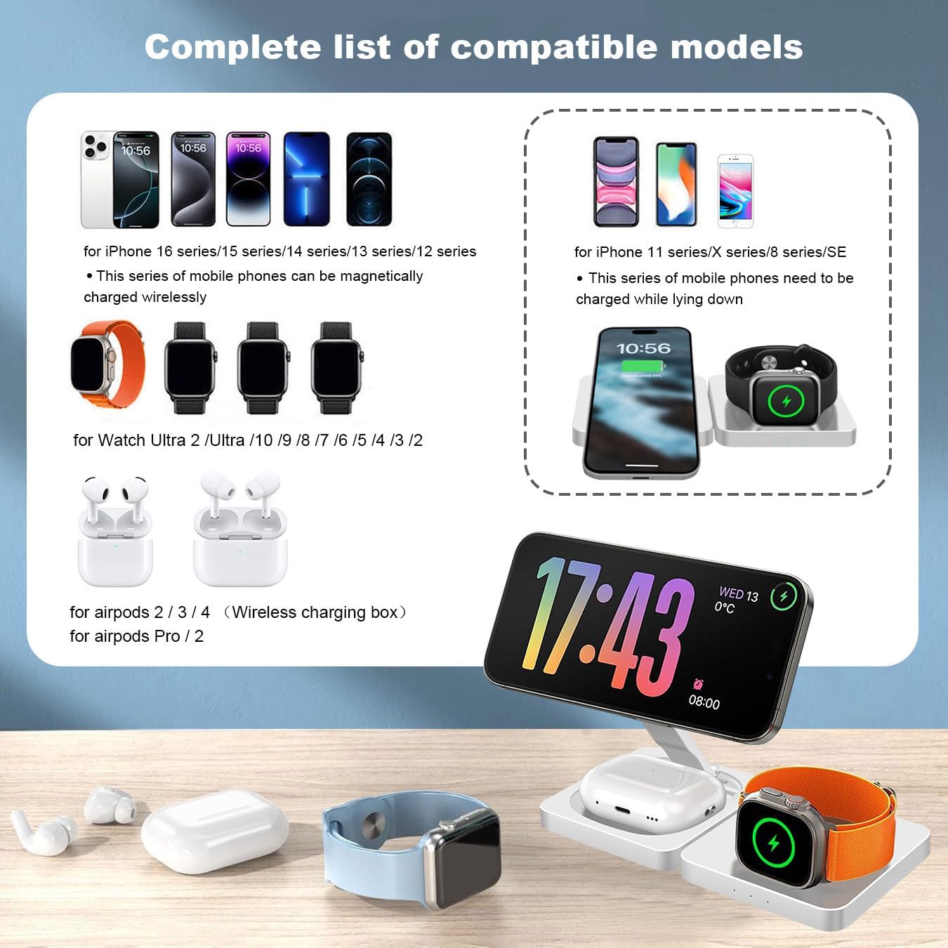 Compact Design 3-in-1 Wireless Charging Station Portable Travel Charger NEW