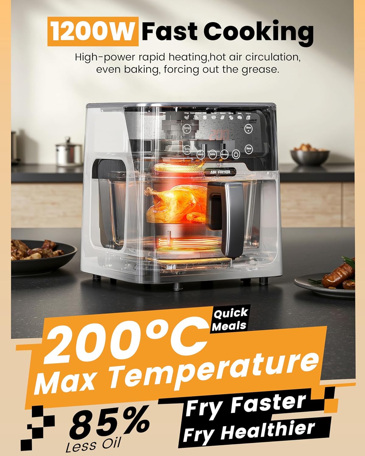 Billord 5.2L Digital Air Fryer Oven with Detachable Glass Pot NEW