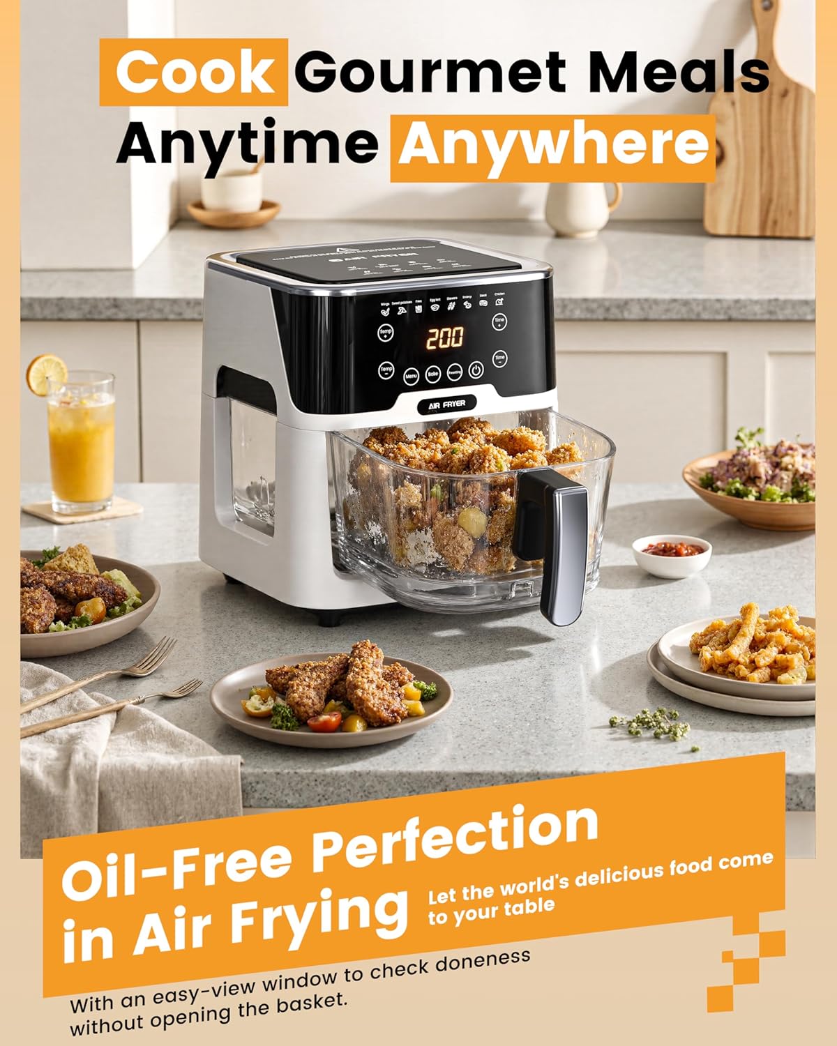 Billord 5.2L Digital Air Fryer Oven with Detachable Glass Pot NEW