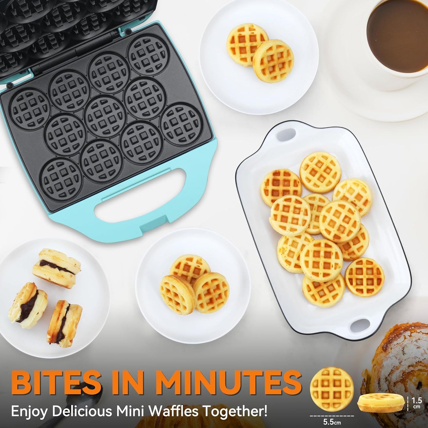 Baker's Friend Mini Waffle Maker for Kids and Adults Aqua Small Kitchen NEW