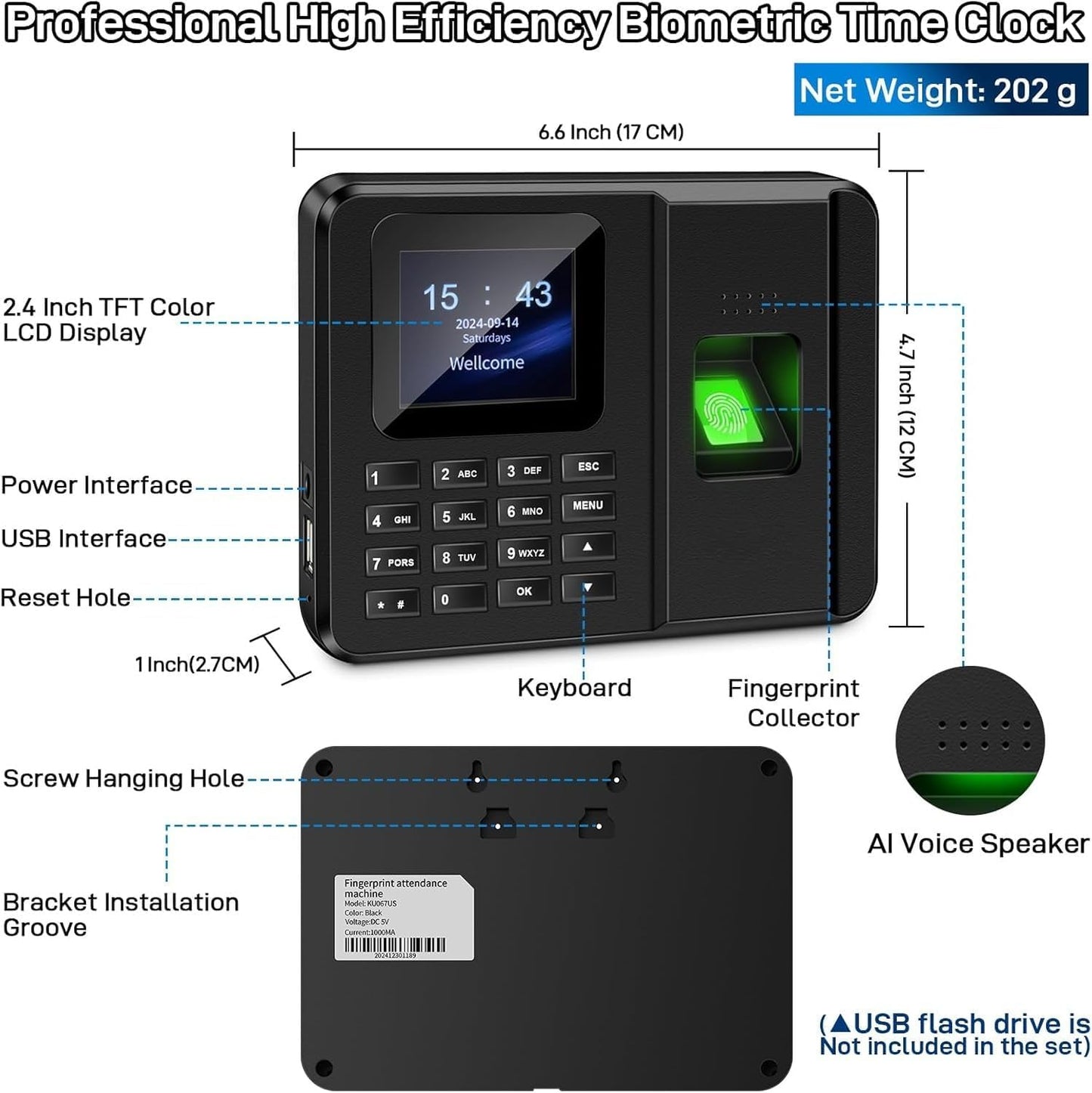 CHUCII 2-in-1 Time Clocks for Small Businesses Fingerprint and Password NEW