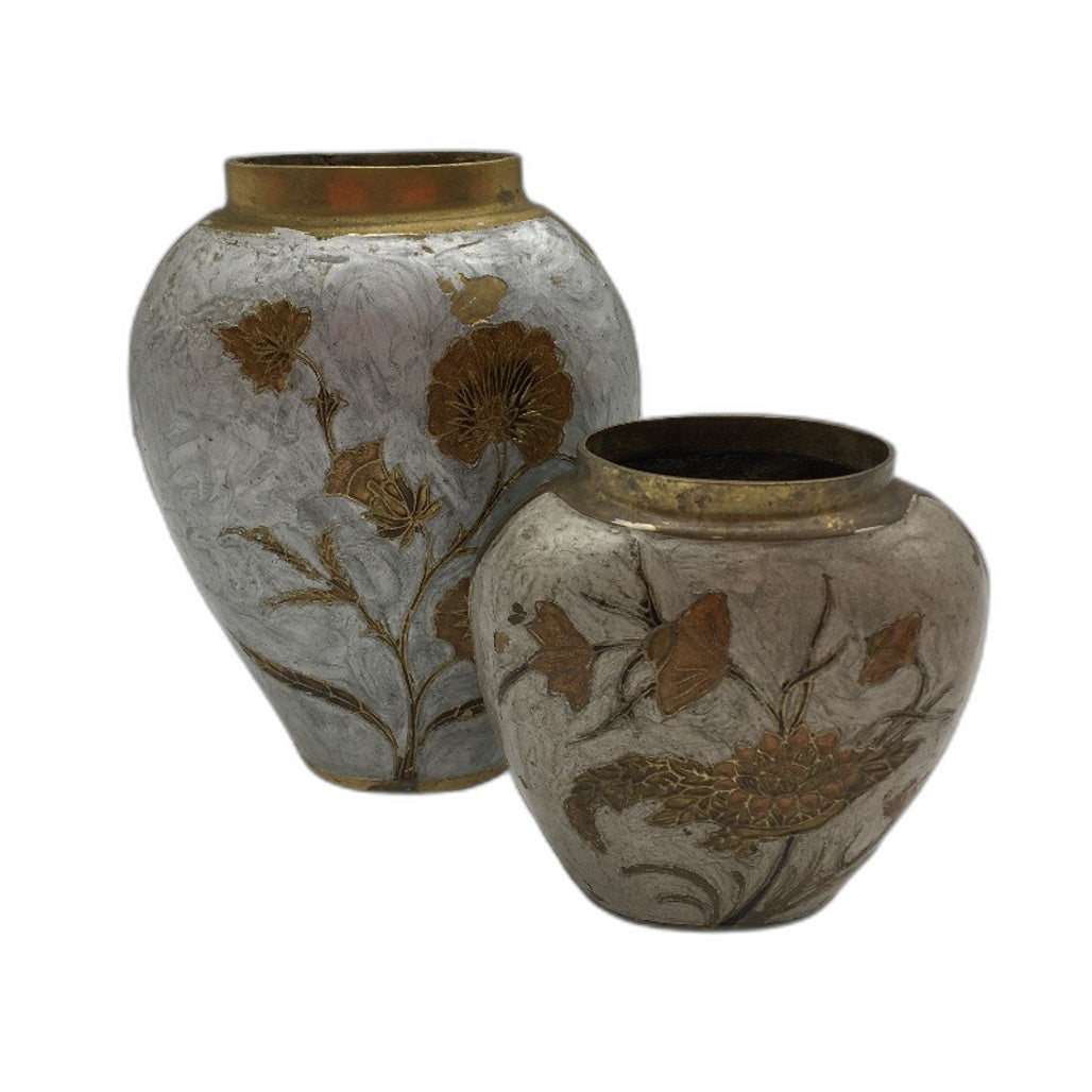 COLLECTABLE 2x Hand Tooled Enamelled Floral Design Metal Brass Vases