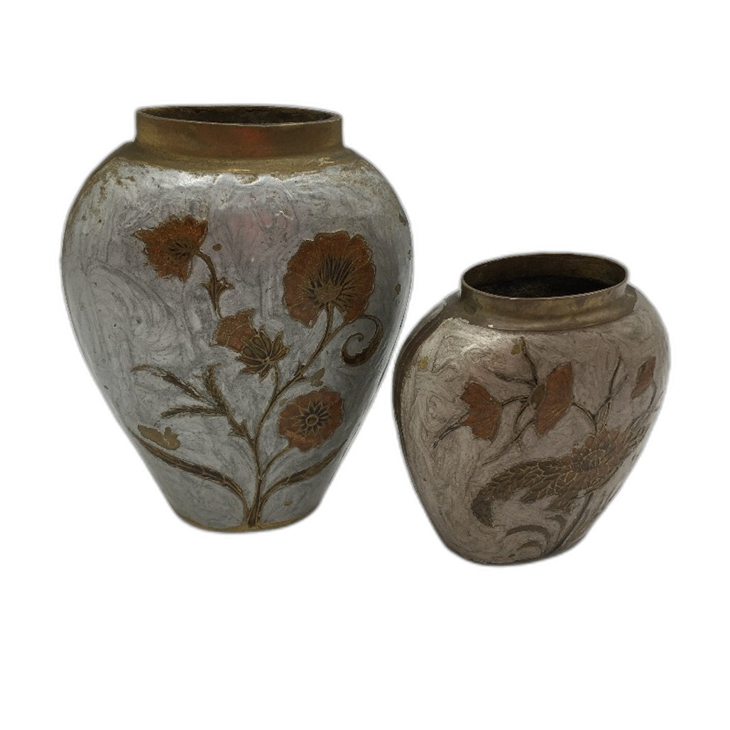 COLLECTABLE 2x Hand Tooled Enamelled Floral Design Metal Brass Vases
