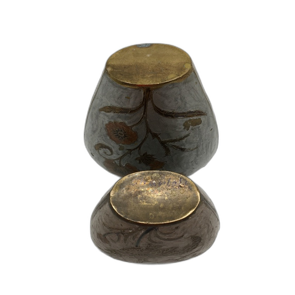 COLLECTABLE 2x Hand Tooled Enamelled Floral Design Metal Brass Vases