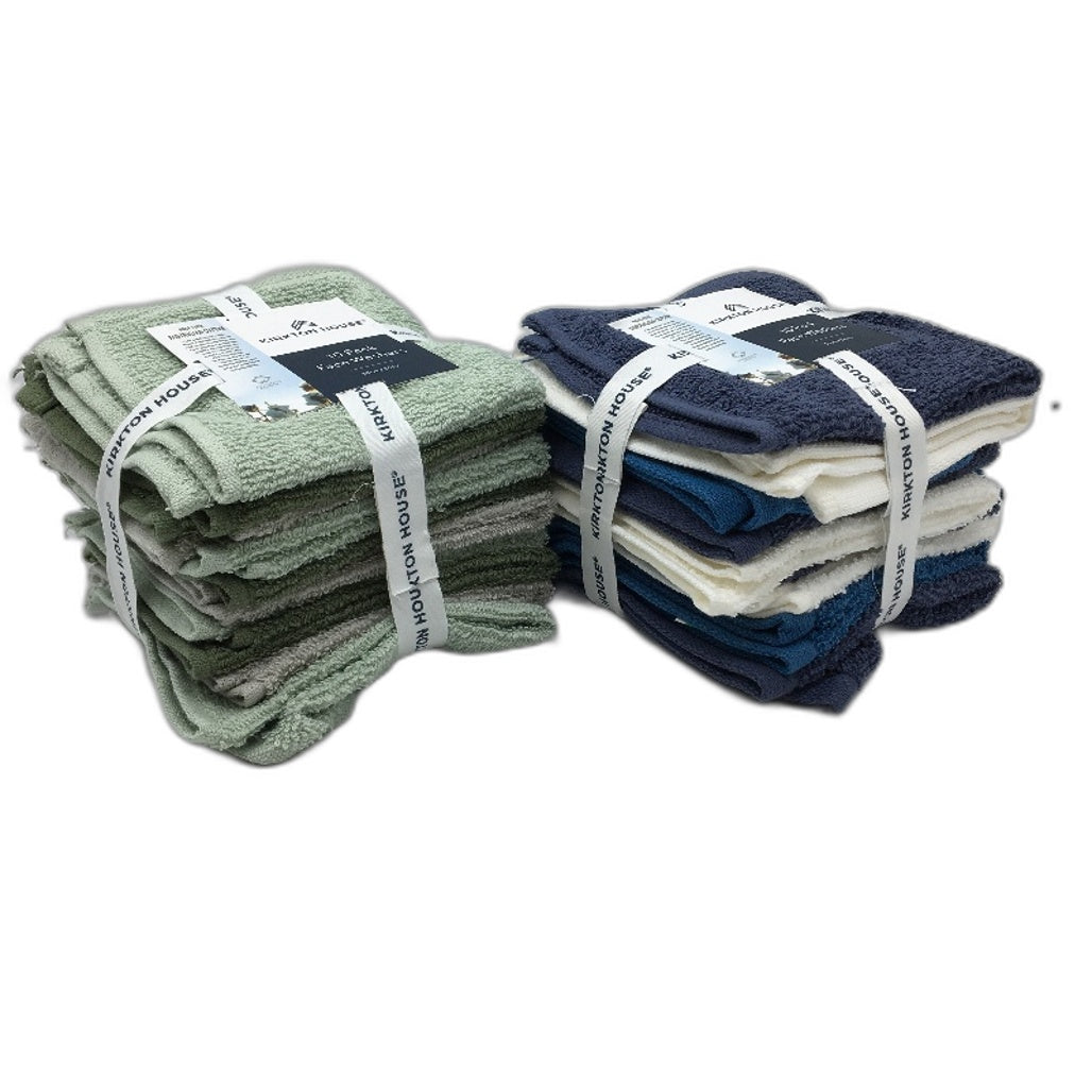 Kirkton House 20 Piece Green Blue Toned 100% Cotton 2 x 10 Pack Face Washers NEW