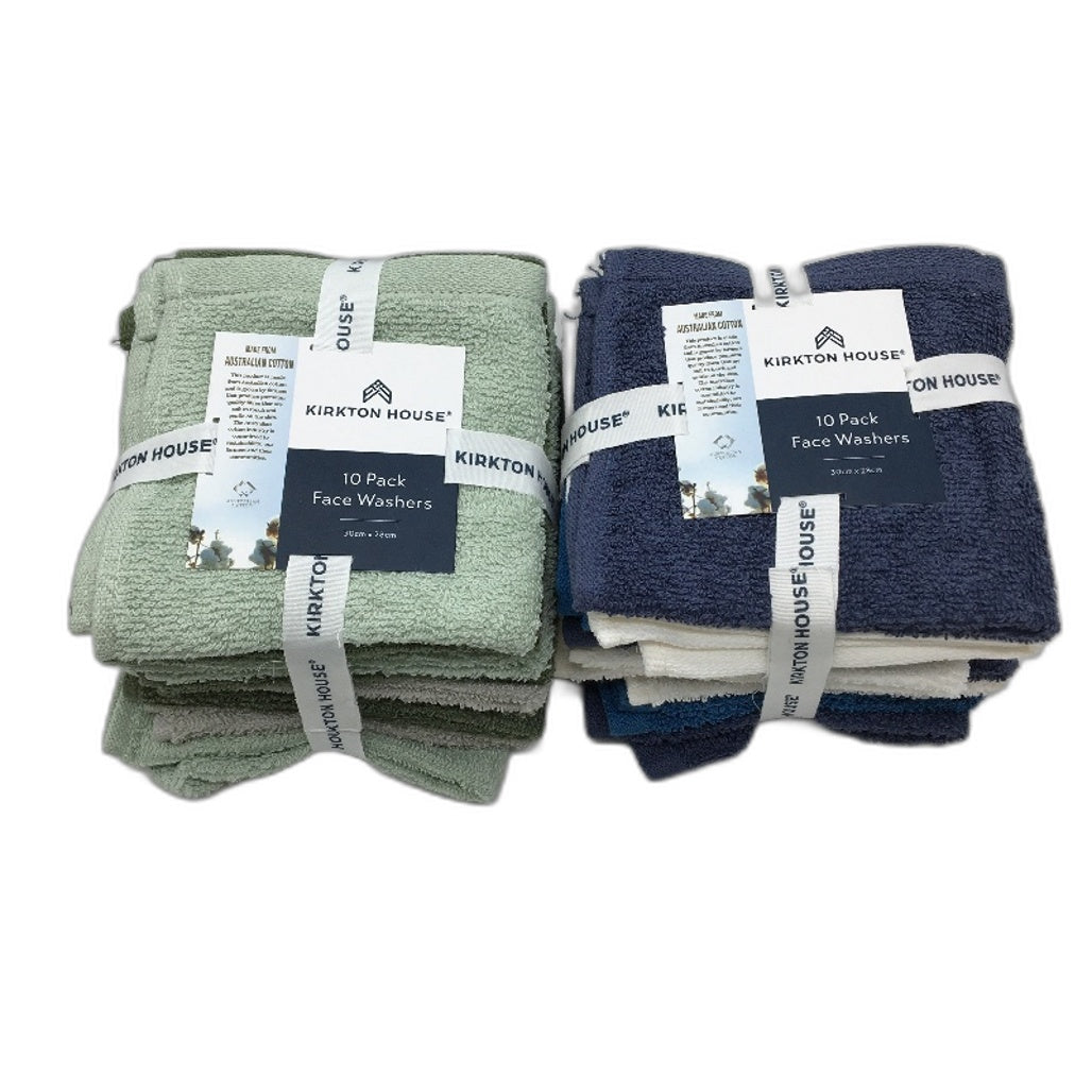 Kirkton House 20 Piece Green Blue Toned 100% Cotton 2 x 10 Pack Face Washers NEW